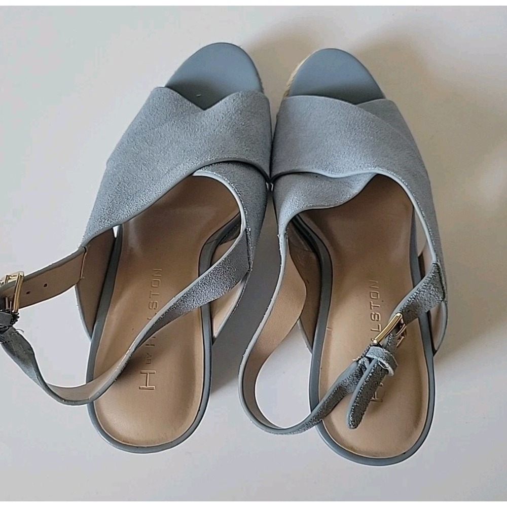 H Halston Stella Slingback Sandals 8.5M Powder Blue Suede Chambray Wedge Heel - Picture 5 of 16